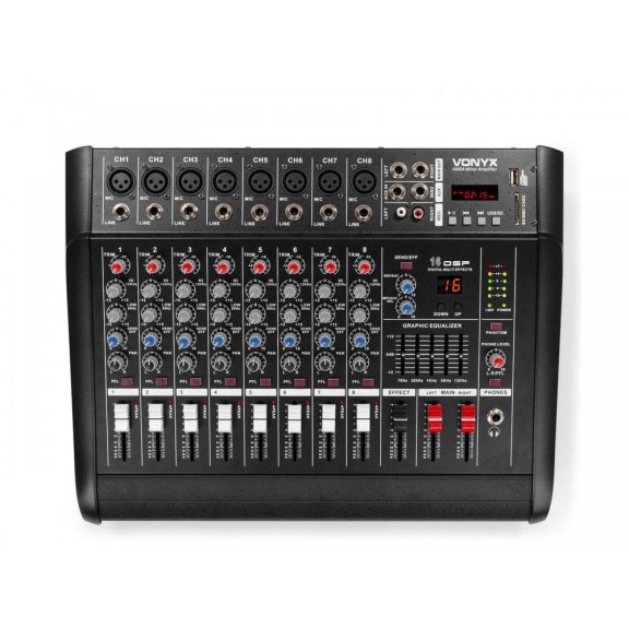 Vonyx AM8A 2x500W, 8 csatornás keverőerősítő + MP3 + Bluetooth + Effekt Vonyx AM8A 2x500W, 8 csatornás keverőerősítő + MP3 + Bluetooth + Effekt