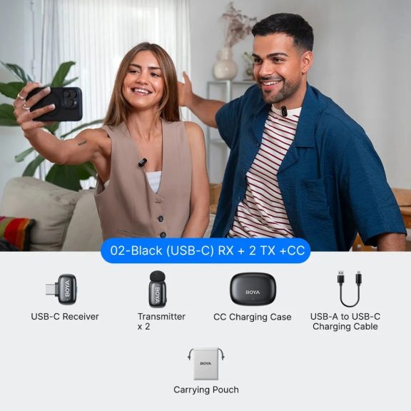 BOYA MINI 2 - 2 adó + 1 vevő (USB-C csatlakozóval) + 1 töltőtok - (fekete)