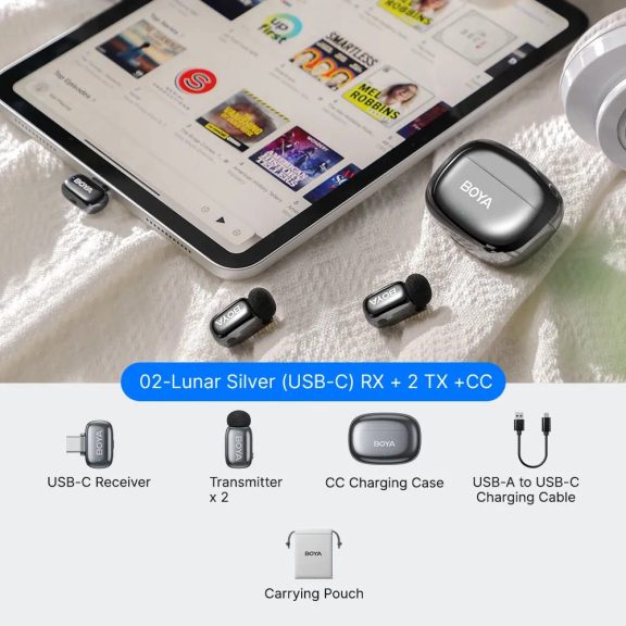 BOYA MINI 2 - 2 adó + 1 vevő (USB-C csatlakozóval) + 1 töltőtok - (szürke)