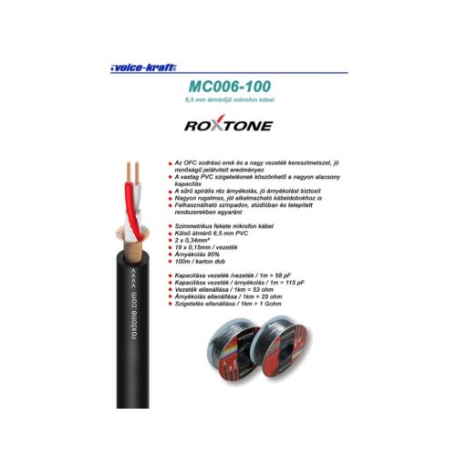 Roxtone MC006 (50m) árnyékolt OFC sodrású 6,5mm-es mikrofon kábel 