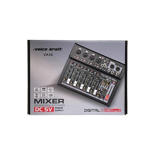 Voice-Kraft VK06 Keverőpult 4 mono/1 sztereo csatorna,USB Audio interface, Bluetooth, 16DSP effekt