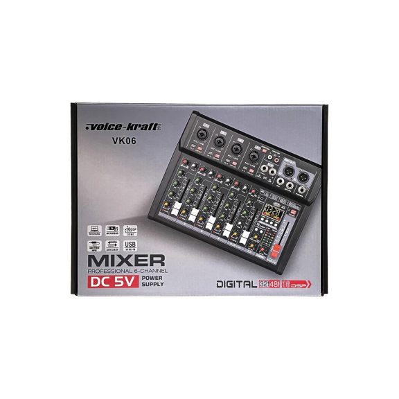 Voice-Kraft VK06 Keverőpult 4 mono/1 sztereo csatorna,USB Audio interface, Bluetooth, 16DSP effekt