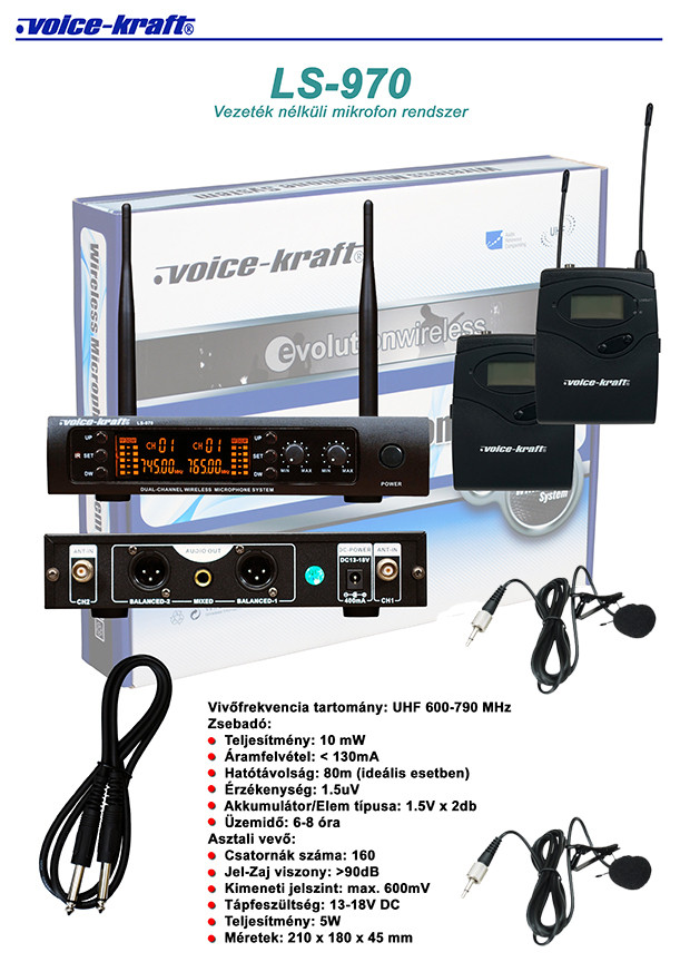 Image of Voice-Kraft LS-970 UHF zsebadós mikrofon szett 2 db csíptetős mikrofonnal