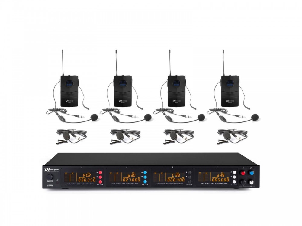Image of Power Dynamics PD504B UHF vezeték nélküli mikrofon szett (4 x CSÍPTETŐS / FEJ mikrofon) (4 x 50 csatorna) + Koffer