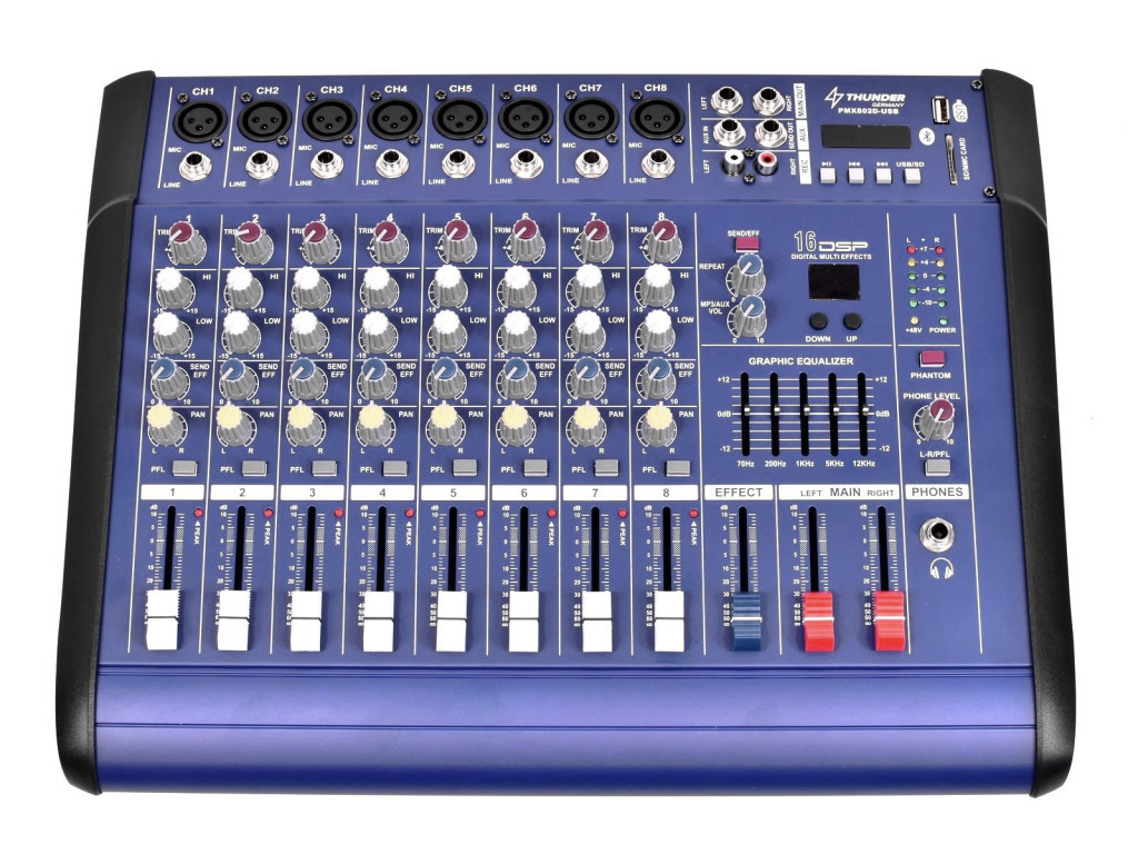 Image of Thunder PMX802D-USB 2x500W, 8 csatornás keverőerősítő + Bluetooth